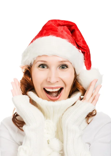 Felice bella donna di Natale in cappello di Babbo Natale — Foto Stock