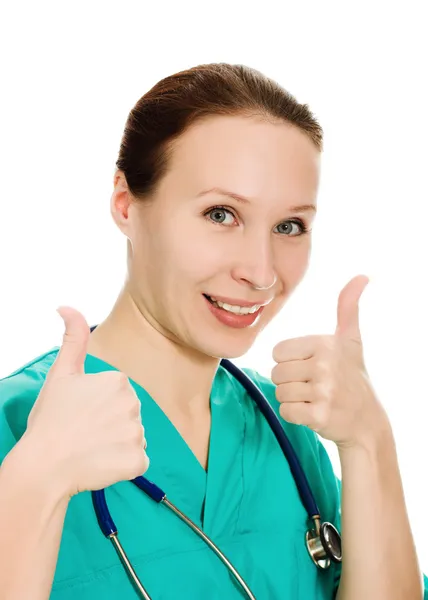 Médica feminina confiante mostra tudo bem — Fotografia de Stock