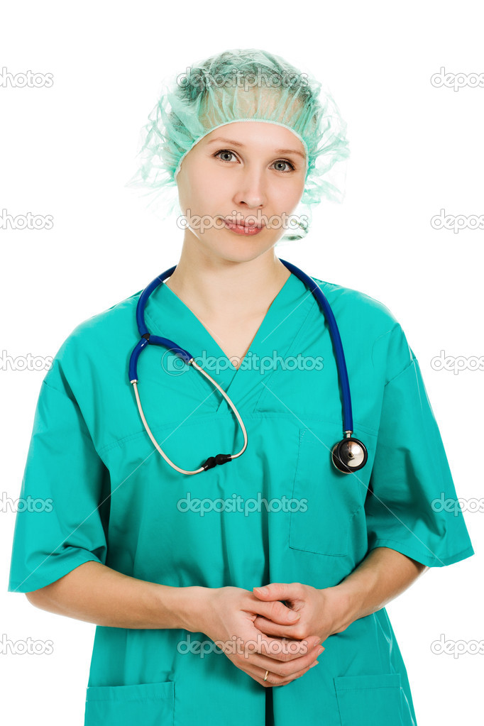 Beautiful woman doctor thinks