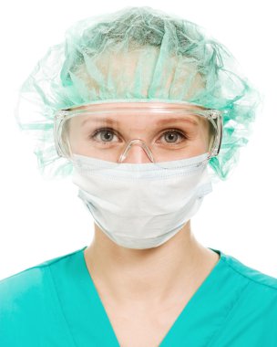 cerrah kadını koruyucu gözlük ve maske