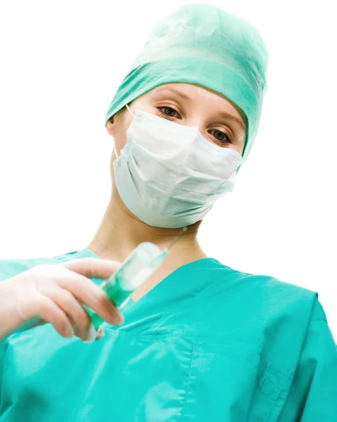 Cirurgião mulher com seringa fazendo injeção , — Fotografia de Stock