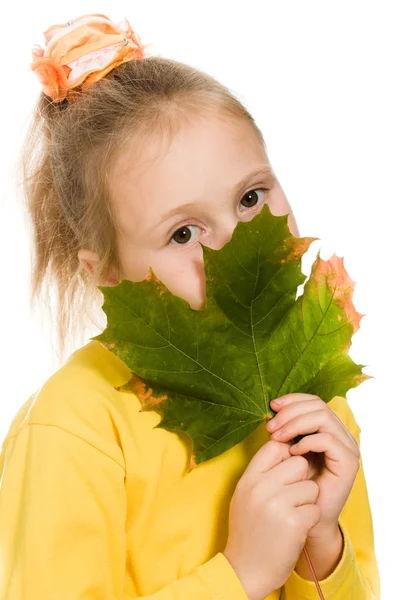 Blyg flicka med gröna lönnlöv i handen — Stockfoto