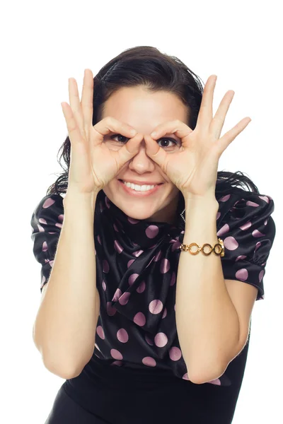 Beautiful cheerful woman portrays glasses — Stock Photo, Image