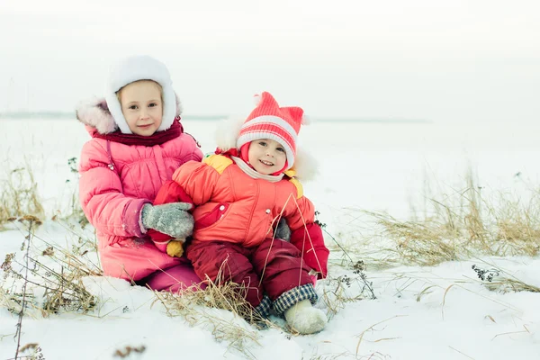 两个美丽的快乐姐妹们冬季户外活动. — 图库照片