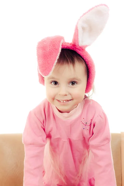 A menina com orelhas cor-de-rosa coelho — Fotografia de Stock