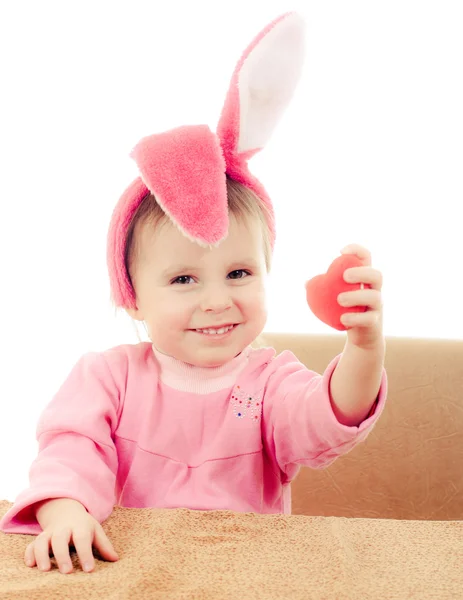 The little girl with pink ears bunny — Stock Photo, Image