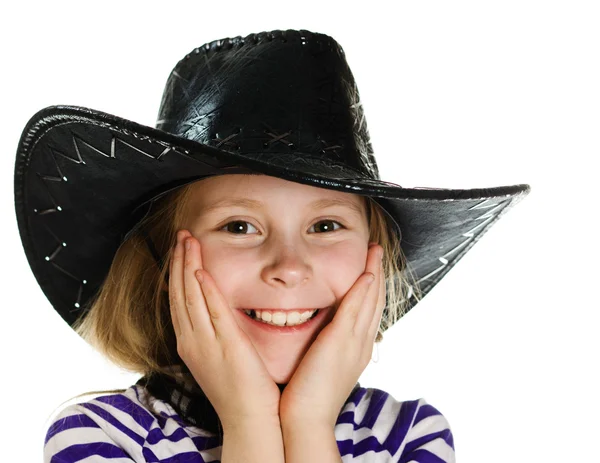 Menina cowboy em um chapéu preto — Fotografia de Stock