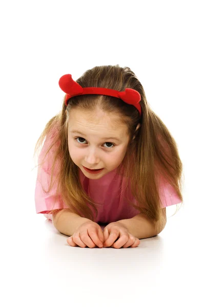 Boynuzları küçük şeytan'ın genç kızla — Stok fotoğraf