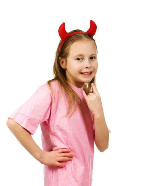 Boynuzları küçük şeytan'ın genç kızla — Stok fotoğraf