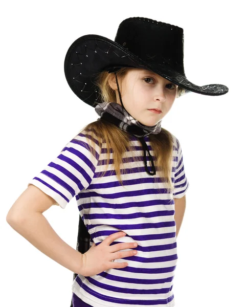 Girl cowboy in a black hat — Stock Photo, Image