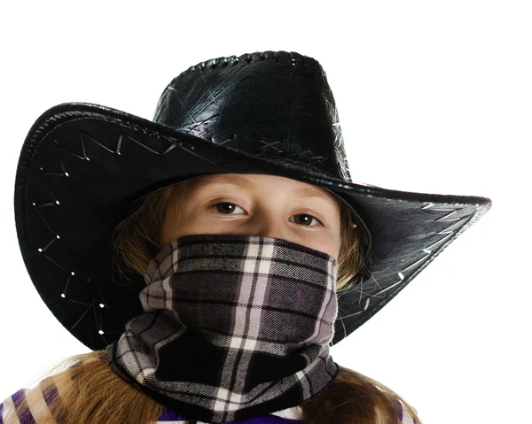 Girl cowboy in a black hat — Stock Photo, Image