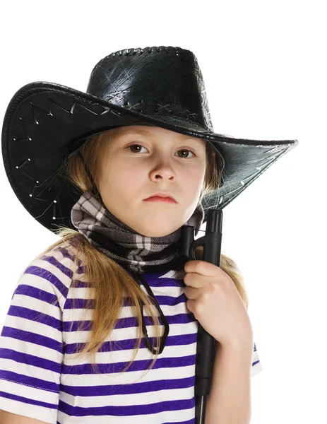 Girl cowboy in a black hat — Stock Photo, Image