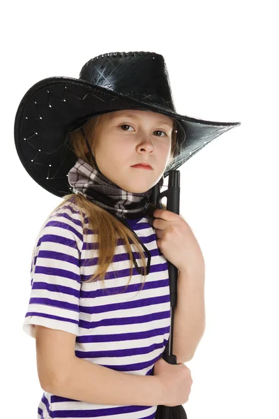 Girl cowboy in a black hat — Stock Photo, Image