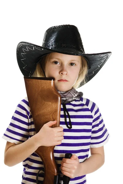 Girl cowboy in a black hat — Stock Photo, Image