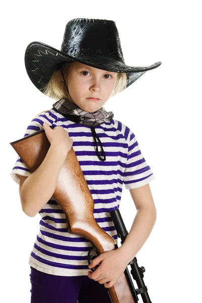 Girl cowboy in a black hat — Stock Photo, Image