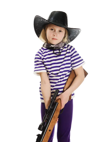 Menina cowboy em um chapéu preto — Fotografia de Stock