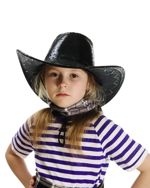 Menina cowboy em um chapéu preto — Fotografia de Stock