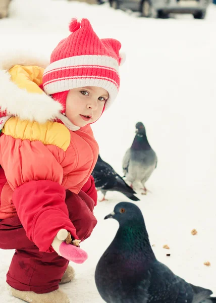 La chica alimenta a las palomas . — Foto de Stock