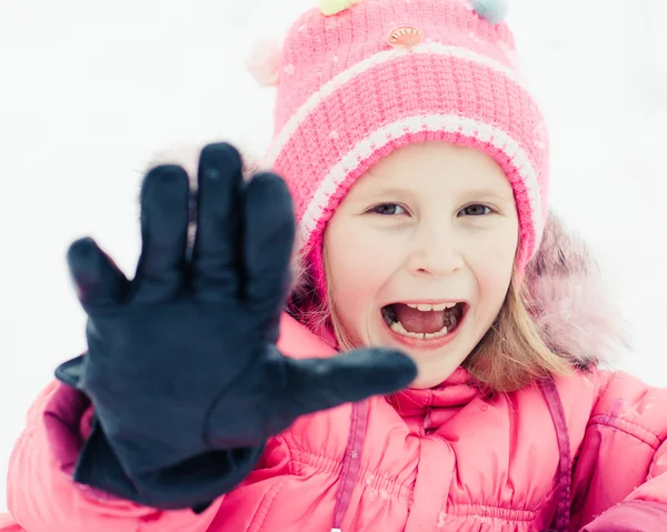 Beautiful happy kid in the red jacket — Stock Photo, Image