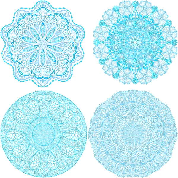 Adorno indio, patrón floral caleidoscópico, copos de nieve. Conjunto de cuatro encajes de adorno — Archivo Imágenes Vectoriales