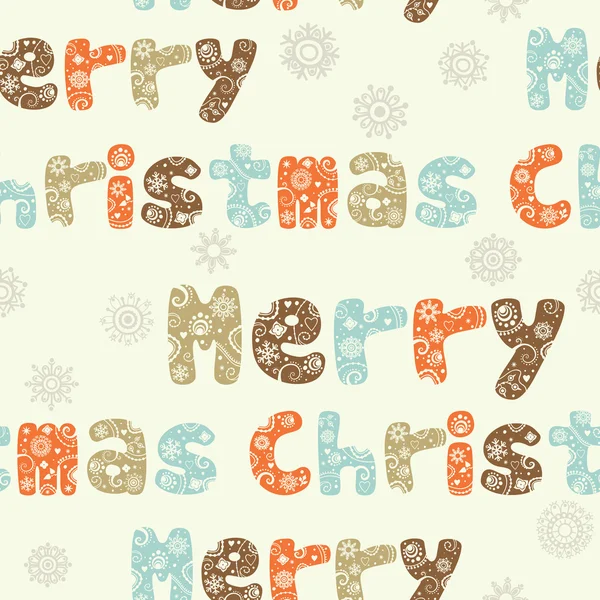 Feliz Navidad patrón sin costuras, fondo de letras adornadas y copos de nieve — Vector de stock