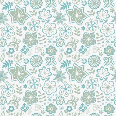 Çiçekli ve kelebekli kusursuz doku. Bitmek bilmeyen çiçek deseni.