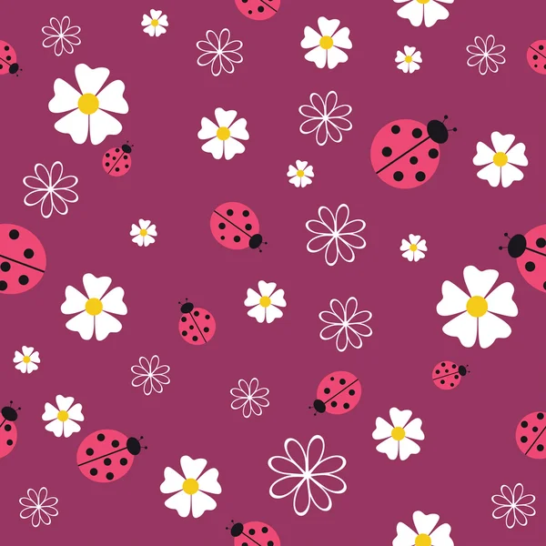 Spring seamless pattern with flowers and ladybirds — Stock Vector