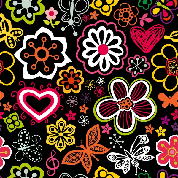花と蝶と花のシームレスなパターン。繊維用無限の花のテクスチャ. — ストックベクタ