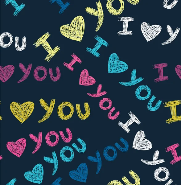 'I love you' seamless pattern with cute hearts and hand-drawn butterflies — Stock Vector