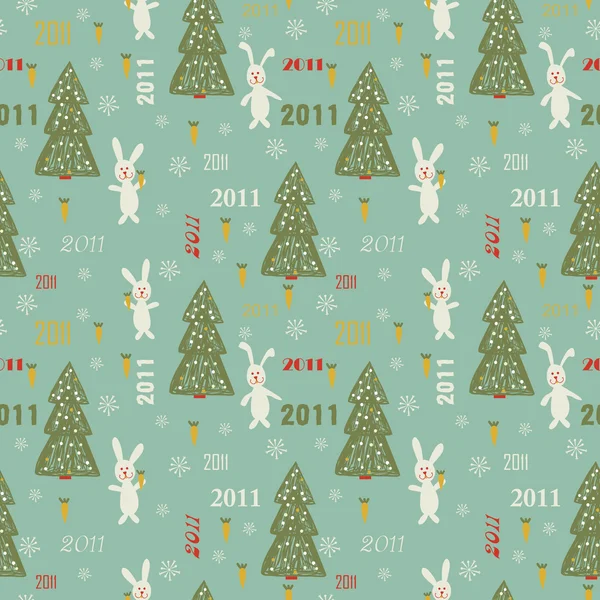 Texture sans couture de Noël avec lapin tenant carotte et arbre de Noël — Image vectorielle