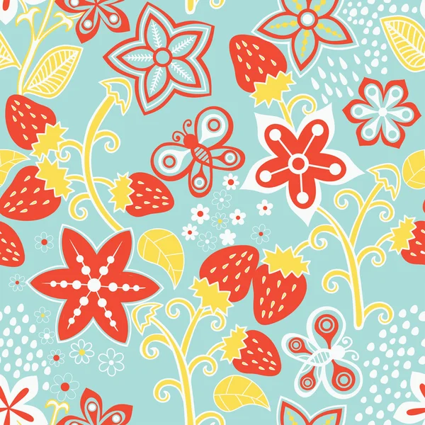 Blumen nahtlose Textur mit einer Erdbeere — Stockvektor