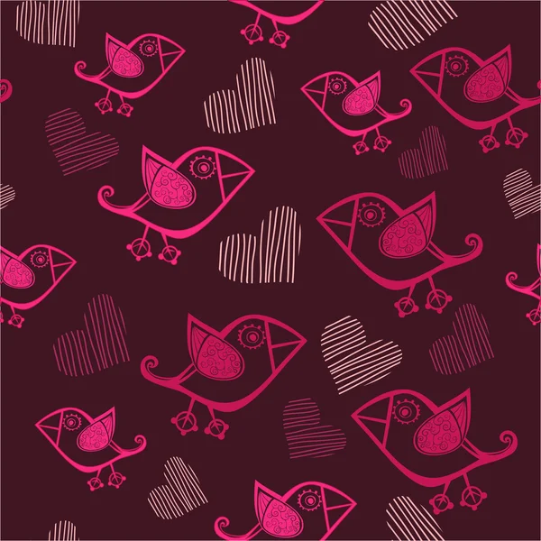 Romantic seamless pattern with birds and hearts. — Stock Vector