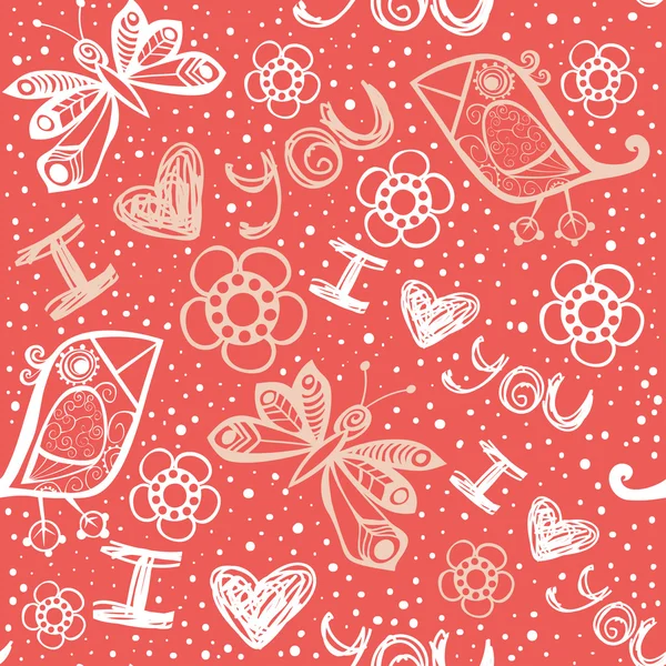 "I love you" nahtloses Muster mit stilisiertem Vogel, Schmetterling und Blume — Stockvektor