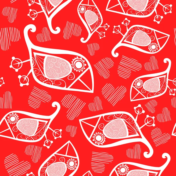 Romantic seamless pattern with stylized bird and heart. — Stock Vector