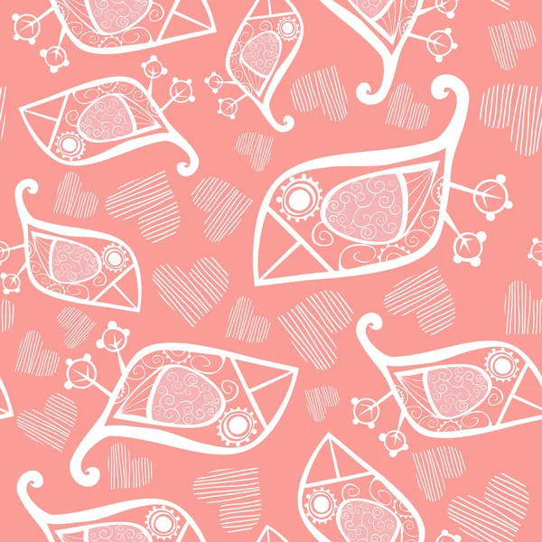 Romantic seamless pattern with stylized bird and heart. — Stock Vector