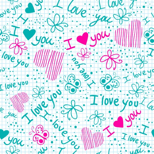 "I love you" seamless texture with heart and butterfly on square paper — Stock Vector