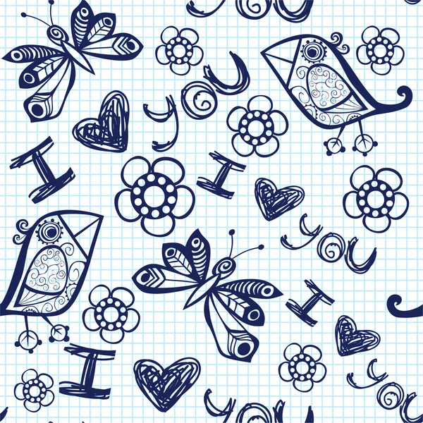 "Te amo "textura sin costuras con corazón y mariposa en papel cuadrado — Vector de stock