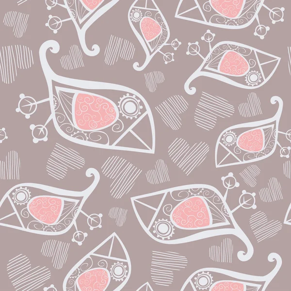 Cute seamless pattern with cartoon birds and hand-drawn hearts. — Stock Vector