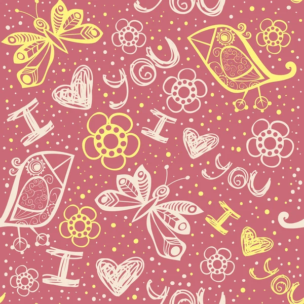 'I love you' seamless pattern with stylized bird, butterfly and flower — Stock Vector