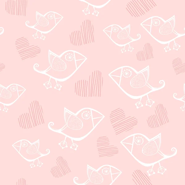 Cute seamless pattern with cartoon birds and hand-drawn hearts. — Stock Vector