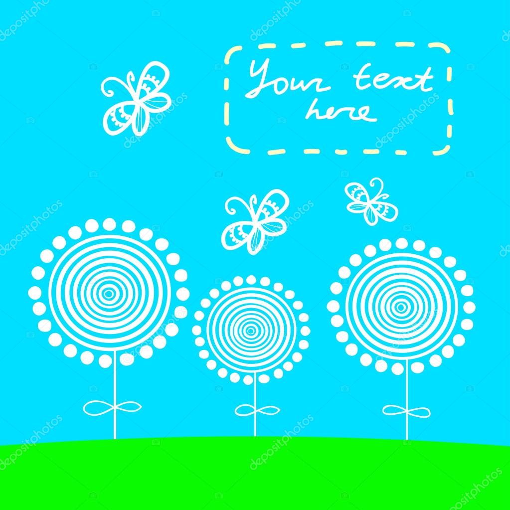 Cartoon spring pattern with flowers, butterflies and place for your