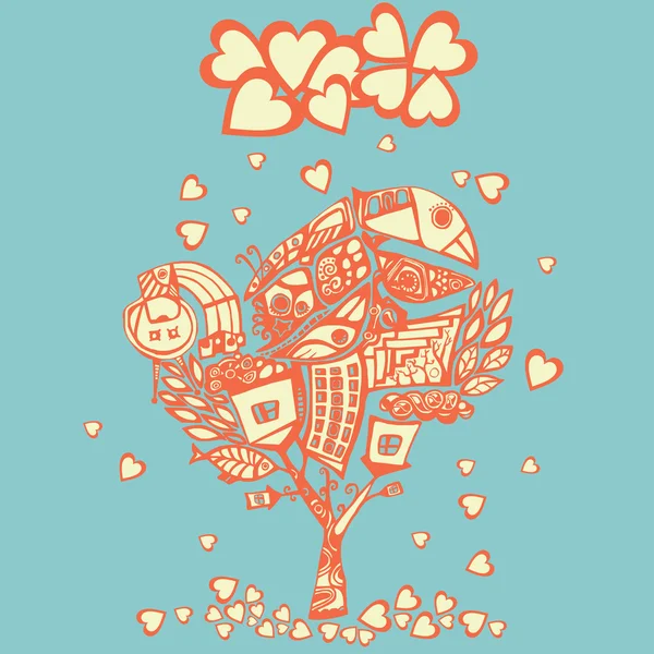 Árbol psicodélico estilizado bajo la lluvia de corazones — Vector de stock