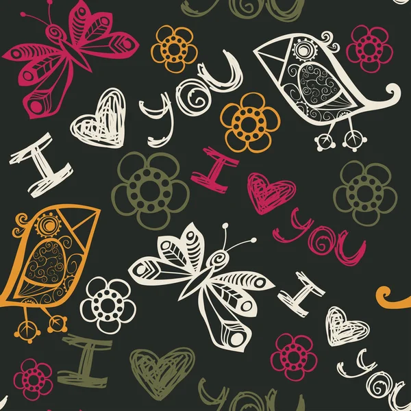 " I love you" seamless pattern with butterflies and birds in pink — Stock Vector