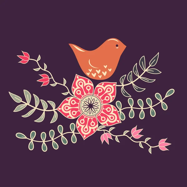 Lindo flor y pájaro — Vector de stock