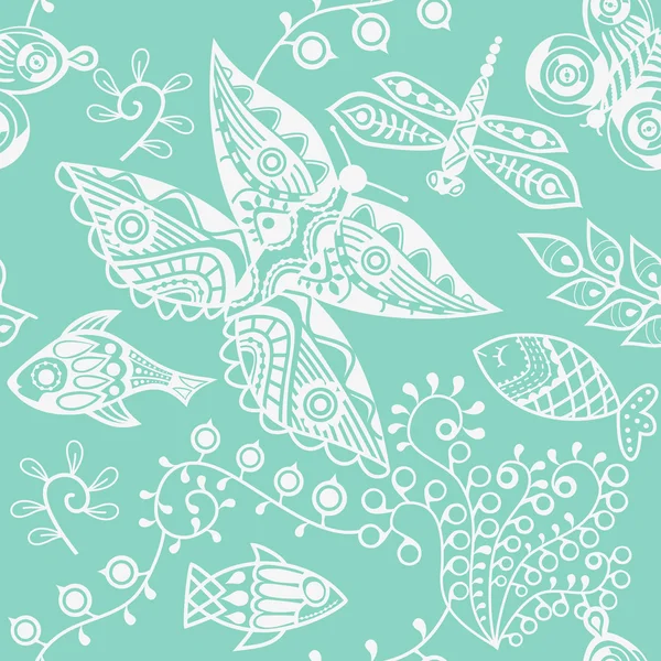 Textura con pescado y mariposa — Vector de stock