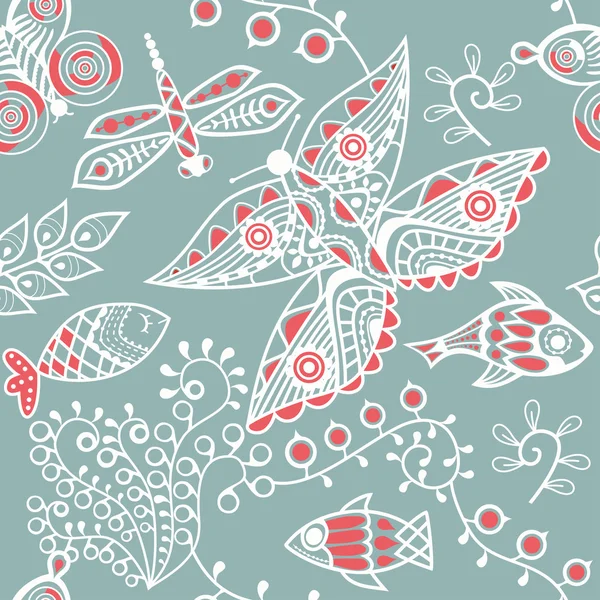 Текстура с рыбой и бабочкой — стоковый вектор