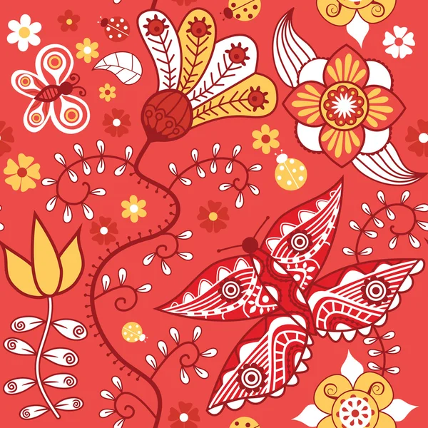 Texture avec des fleurs et des papillons sur rouge . — Image vectorielle