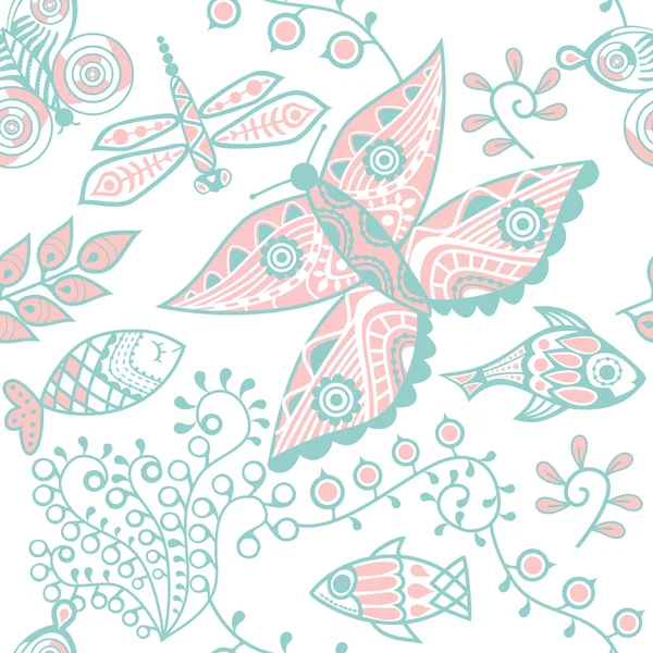 Texture transparente avec des poissons et des papillons . — Image vectorielle