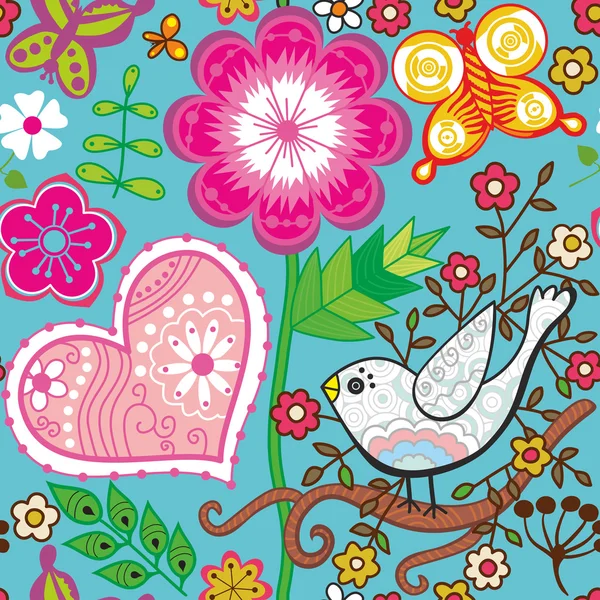 Textuur met bloemen, vogels en vlinders — Stockvector