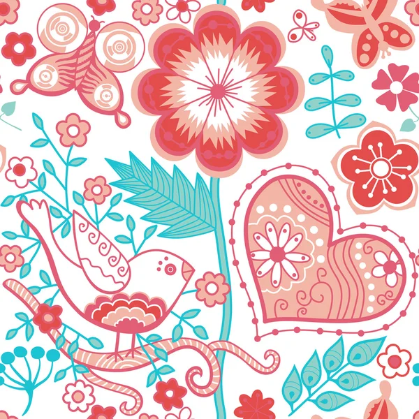 Textura con flores, pájaros y mariposas — Archivo Imágenes Vectoriales